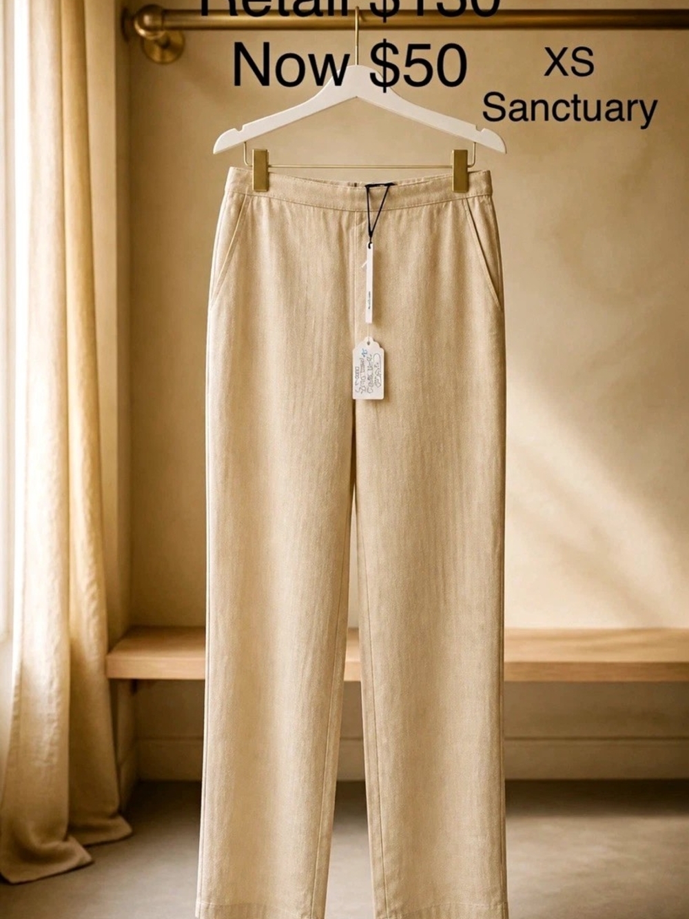 Sanctuary Women's Beige Solid Straight Leg Pants, Regular Size XS
